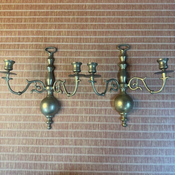 The Unbranded Brand Other - Pair of Brass Wall Sconce Candle Double Arm Candelabra Dark Academia Regency